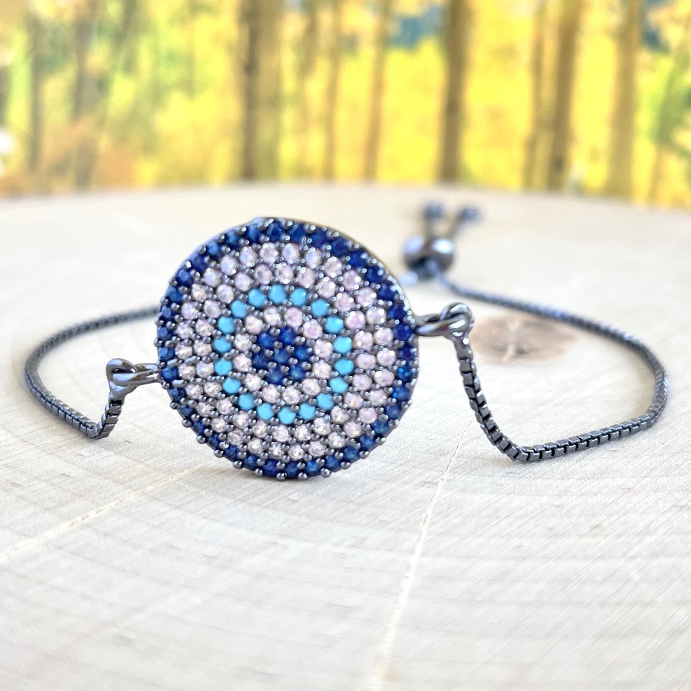 #67 Blue CZ Round Evil Eye Adjustable Bracelet For Women, Protection Jewelry